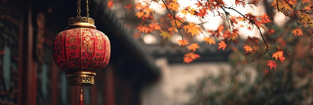 A red lantern hangs from a tree branch. - Powered by Adobe