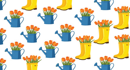 Fototapeta premium Seamless spring garden pattern with orange tulips in blue watering cans and yellow rubber boots on a white background.