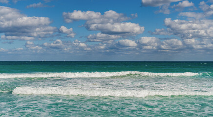 Sunset seascape at summer vacation. Horizon with sea cloudy sky. Calm horizon at sea. Sea sunrise on ocean beach. Romantic summer vacation seascape. Seascape horizon paradise. Remote beach