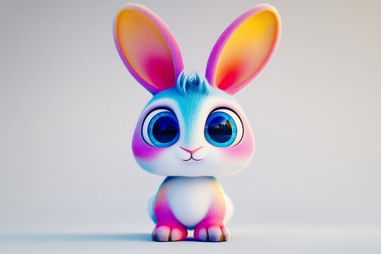 Cute cartoon bunny character designed in vibrant colors with large expressive eyes and oversized ears, suitable for children's animation and merchandise.