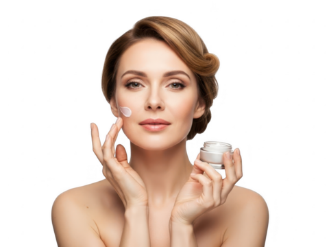 Beautiful mature woman applying antiaging face cream from a jar to her cheek, isolated on transparent background