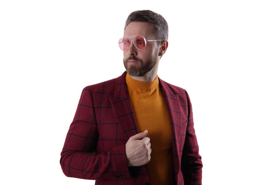 Hispanic man in sunglasses and jacket. Mature and stylish. Man wear trendy menswear. Male fashion style. Casual trendy look. Trendy man model isolated on white. Chic trendsetter