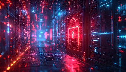 Digital security display showcasing a glowing padlock in a high-tech corridor filled with vibrant data streams and network connections