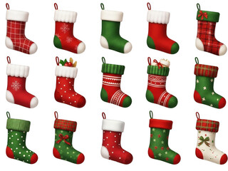 Collection of fifteen assorted christmas stockings in various red and green patterns, isolated on transparent background
