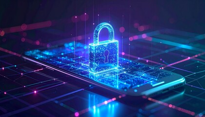 Digital security lock appears on smartphone screen surrounded by glowing data patterns at nighttime