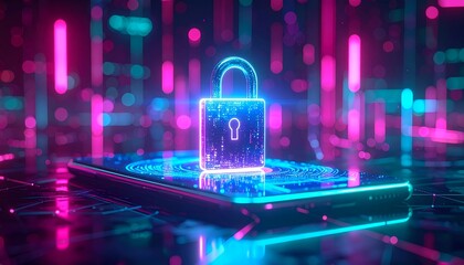 Digital lock and smartphone glowing in neon lights with a futuristic design showcasing cybersecurity themes