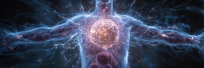 A man's body is shown in a blue and red color scheme, with red veins and blue veins.