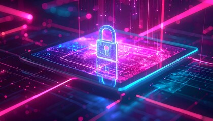 Digital security symbol glowing on a tablet with vibrant graphic elements in a high-tech digital landscape