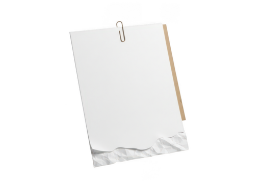 Blank paper sheet with torn edge and paperclip on transparent background
