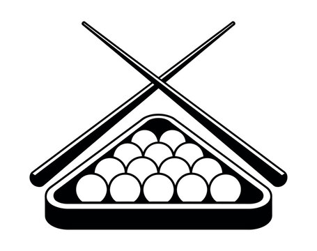 A black and white illustration of a pool rack with balls and crossed pool cues above