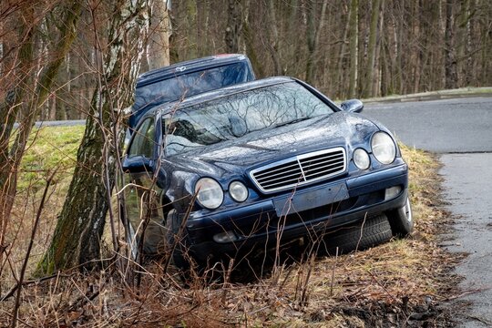 Wreck of Mercedes-Benz CLK Coupe W208 car, frontal view