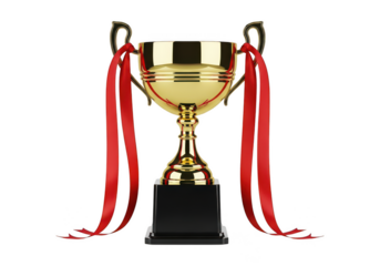 Golden trophy cup with red ribbons on transparent background