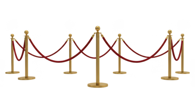 Red velvet rope barrier stanchions on transparent background
