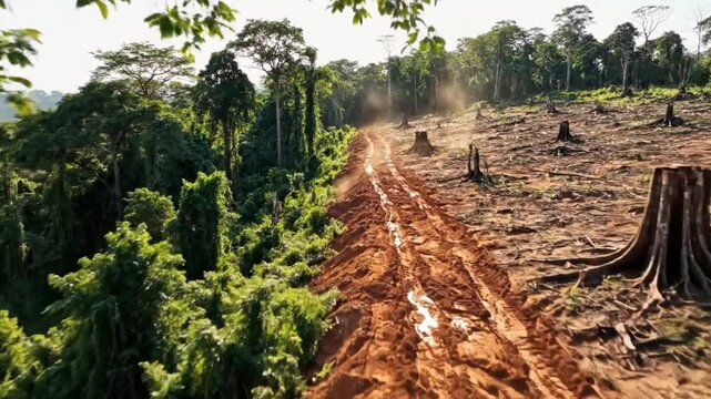 Deforestation impact showing cleared land with tree stumps and lush forest in the background