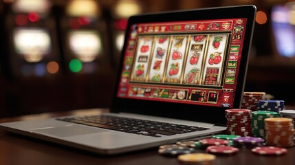 A laptop on the casino table showing a gambling game surrounded by playing chips . Concept of gambling games and winning