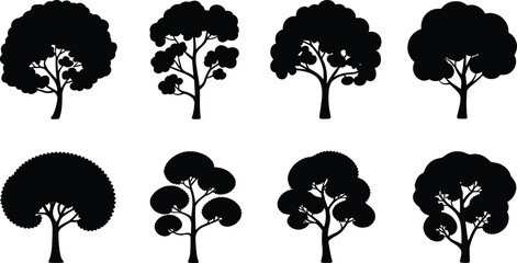Stylized tree silhouette collection with varied canopy and trunk shapes for design, pattern use, and educational illustration themes.