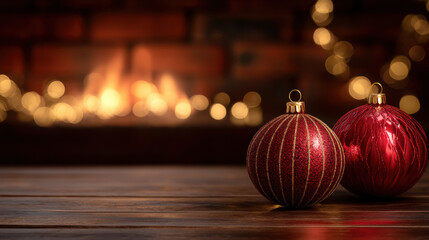 Red ornament gold stripe red bauble Christmas ornament holiday decoration festive lights cozy fireplace wooden table warm