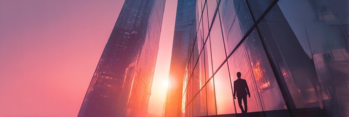 A man silhouette walking on the background of glass wall of a modern high skyscraper with lots of sunshine