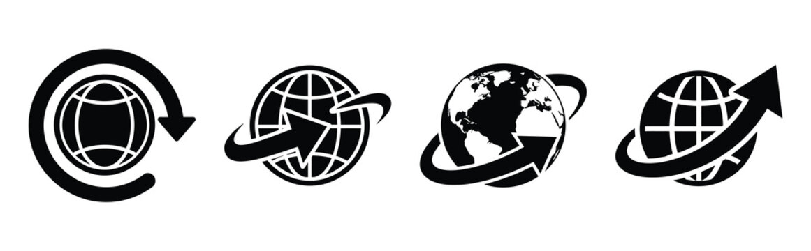 Set of vector globe arrow  icon in silhouettes. Vector illustration icon set