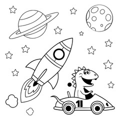 Cute Kids Coloring Page: Rocket, Dinosaur, and Race Car Printable