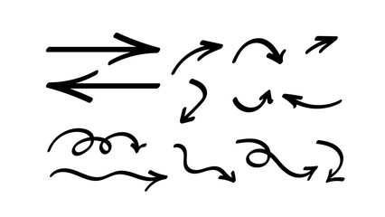 Set of Hand Drawn Black Arrows. Doodle Sketch Collection including Curved, Straight, and Spiral Pointers for Annotation and Minimalist Graphic Design.