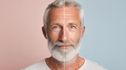 A man with one young half of face and another old .