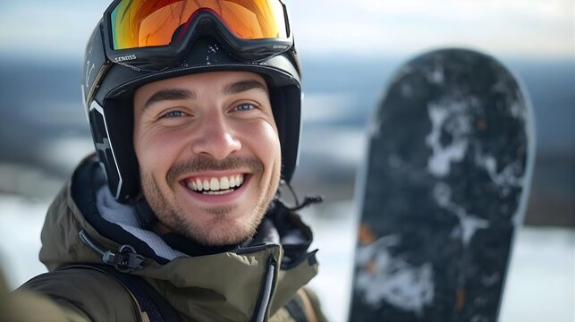 Joyful Male Snowboarder Smiling in Close-Up Selfie with Snowy Mountain Background