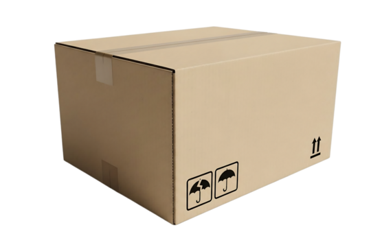 A corrugated cardboard box with fragile handling symbols for package delivery needs
