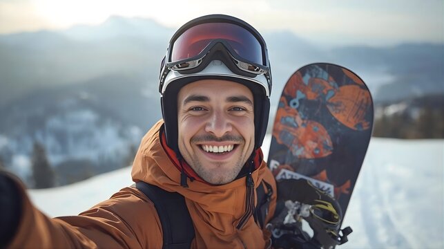 Joyful Snowboarder Taking Selfie on Snowy Mountain Close-Up 