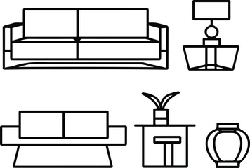 Clean black line art home decor icons, furniture outline set, sofa, lamp, table, vase, modern interior design theme, white background, vector icon style 1