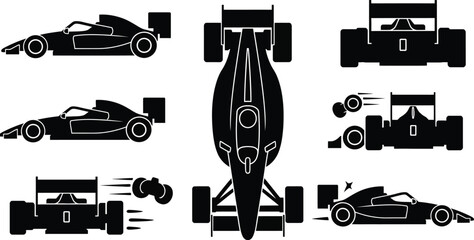 Naklejka premium Formula one race car silhouettes in various views and dynamic poses