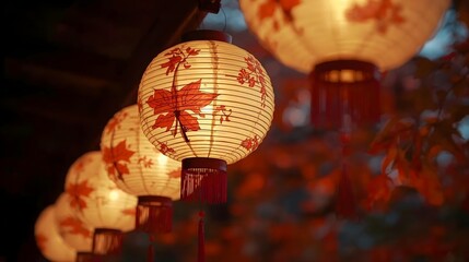 Maple-Patterned Paper Lantern with Warm Glow and Autumn Bokeh for Chinese New Year 2026