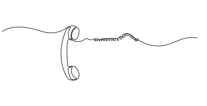 Animated self drawing of Line drawing handset cell. Single draw phone icon, line art contact us concept, telephone continuous monoline drawing.one line drawing of retro telephone