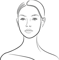  Elegant female face drawn in single continuous black line, abstract minimal portrait, smooth contours, white background, clean vector illustration.