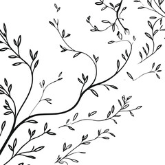 Flowing leaf branches in black line art moving diagonally across the background, airy minimal botanical design, white background