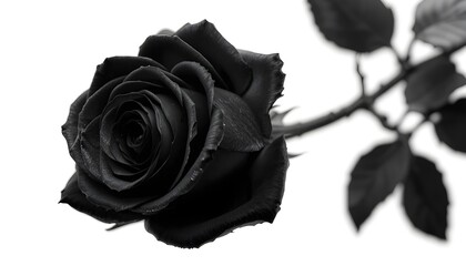 Black rose flower in dramatic monochrome style, dark petals with soft focus, gothic floral aesthetic, elegant moody photography, symbolic love and mystery concept