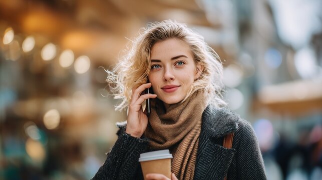 A stylish woman with curly blonde hair is engaged in a phone conversation while holding a coffee cup on a lively street. The woman focuses on her call amidst the bustling urban set - Powered by Adobe