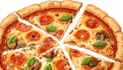 Freshly Baked Margherita Pizza with Mozzarella, Tomato Slices and Basil Leaves, Sliced Italian Pizza on White Background, Delicious Cheesy Fast Food Concept