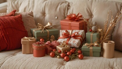 Elegant Christmas Gift Arrangement on a Cozy Sofa with Festive Wrapping, Ornaments, and Warm Holiday Tones, Creating a Stylish and Inviting Seasonal Home Scene