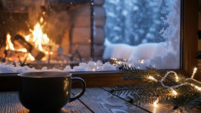 Cozy winter scene of a fireplace with a mug of warm drink a snowy views with lights a serene relaxing ambiance no comma at the end