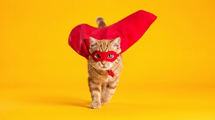 Super cat ready to save the day, a feline hero with a mask and cape, on a yellow background