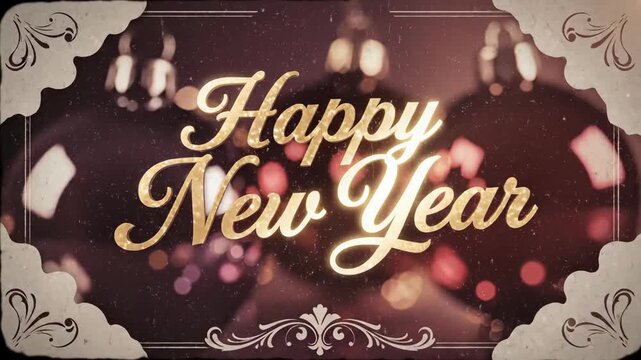 Happy New Year lettering on an aged Christmas card with sparkling holiday ornaments and festive bokeh lights