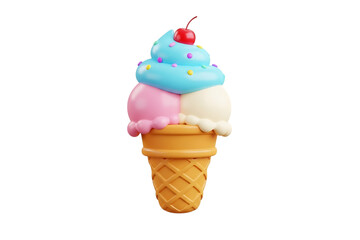 Cartoon ice cream cone with three scoops and cherrysweet treat