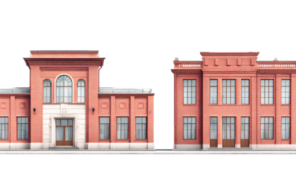two views of the school building, a front view and a side view, with red brick walls, white windows and doors, high quality, transparent background