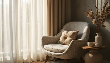 Minimalist Cozy Reading Corner with Upholstered Armchair, Soft Cushion, Natural Light Curtains, and Neutral Tones Creating a Calm, Elegant, and Serene Modern Home Interior