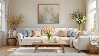 Elegant modern living room with a comfortable sofa, soft cushions, wooden coffee table, natural plants, neutral d&eacute;cor, bright windows, and cozy atmosphere creating a warm, stylish, and inviting home 