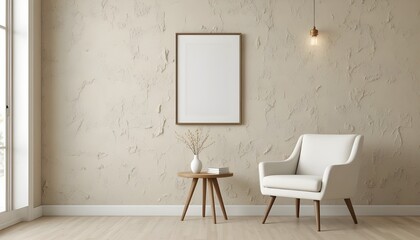 Minimalist modern interior featuring a stylish armchair, small wooden side table, elegant mirror, neutral textured wall, soft natural light, and clean design creating a calm, cozy, and sophisticated 