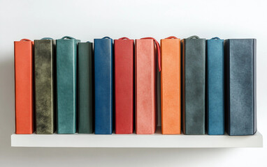 Naklejka premium A Set of Colorful Notebooks Neatly Arranged on a Shelf