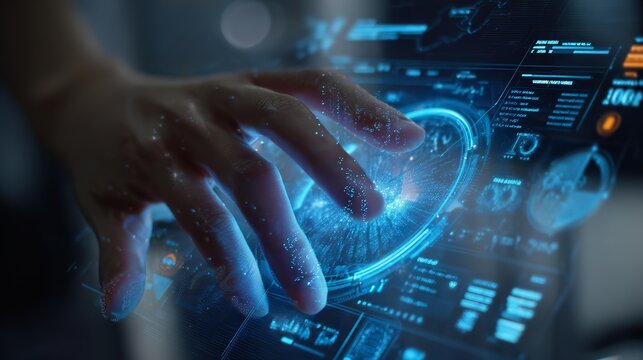 A hand is touching an illuminated screen . Concept of technology and innovation, as the hand is interacting with a digital display.