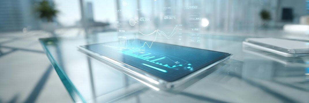 A tablet on a table with virtual elements - Powered by Adobe